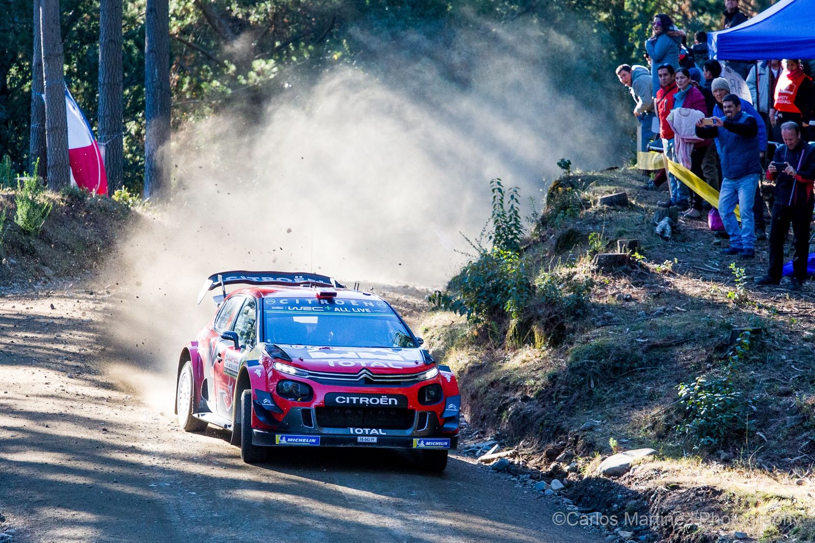 WRC Citroen powering through crowd and flags